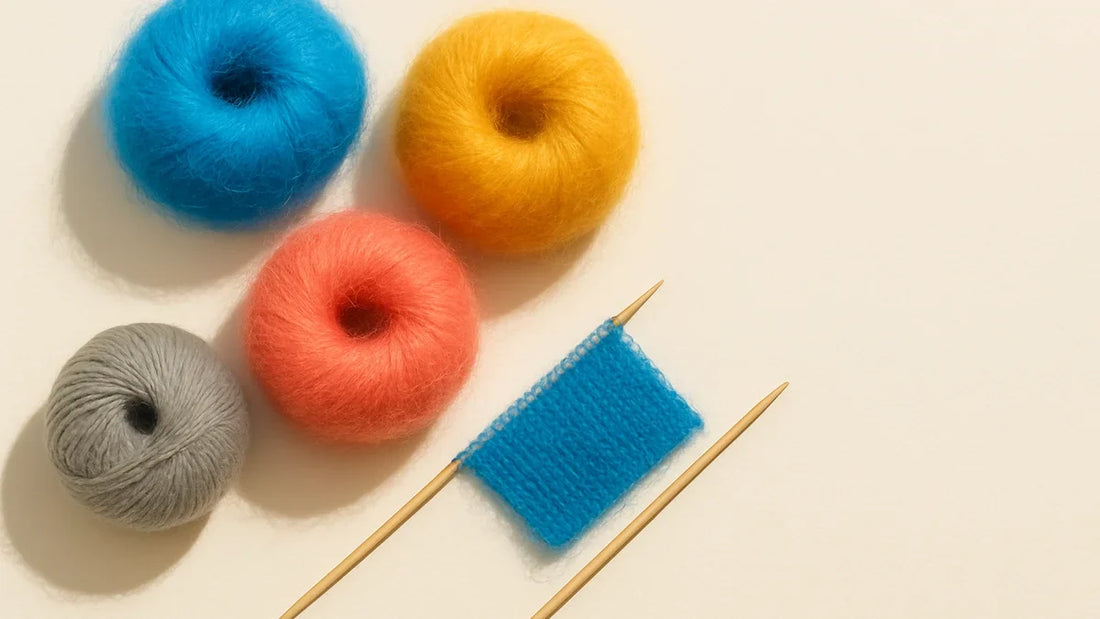 Tre luftige nøster kid mohair og silke i blått, gult og korall, ett grått ullnøste og en blå prøvelapp på tynne trepinner på kremfarget bakgrunn