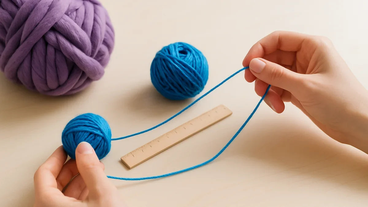 Hender som trekker ut tynn blå garntråd ved siden av et tykt fiolett nøste og en trelinjal
