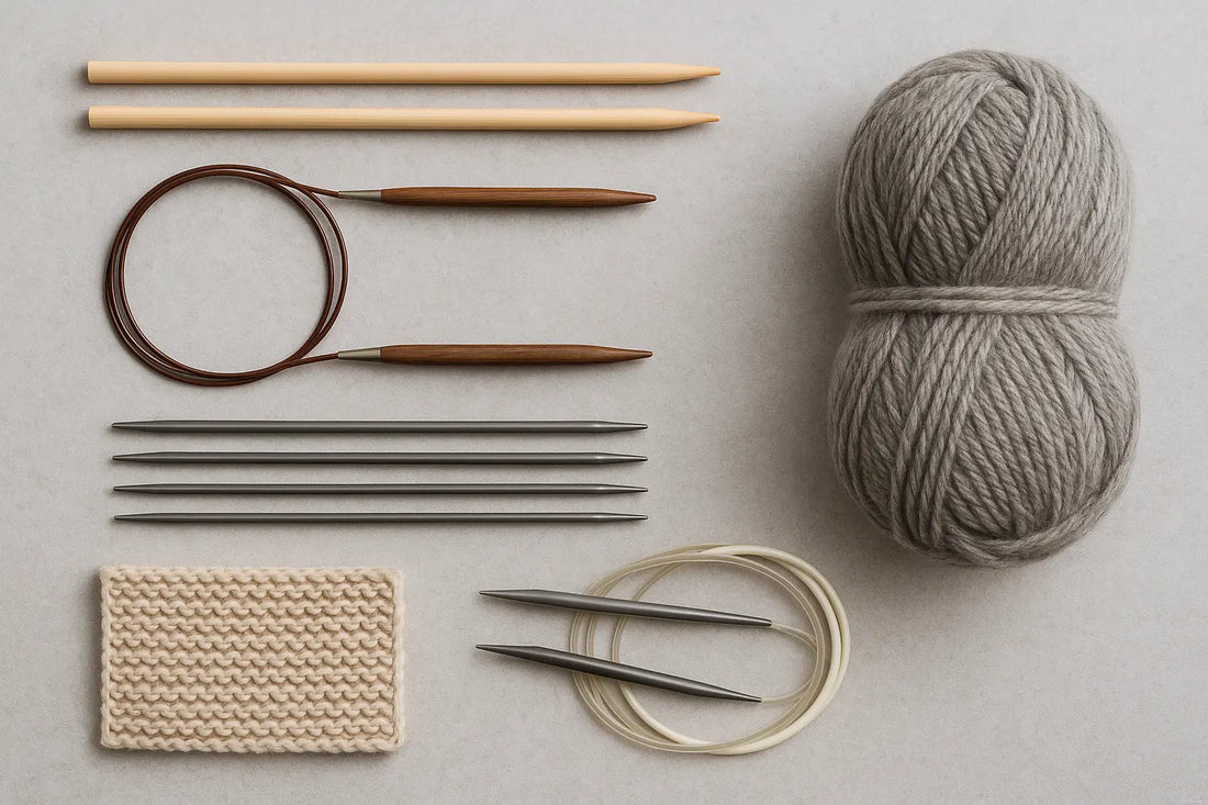 Flatlay av ulike strikkepinner i bambus, tre og metall sammen med et grått garnnøste og en liten strikkeprøve, fotografert på lys bakgrunn