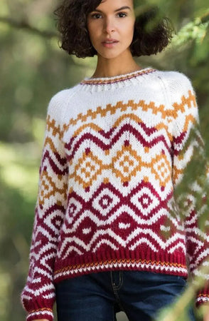 Bluebell Genser, Hvit, Rubinrød og Ravgul